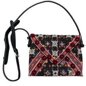 Etro Goa Leather Embroidery Bead & PomPom Magnetic Closure Braided Shoulder Bag